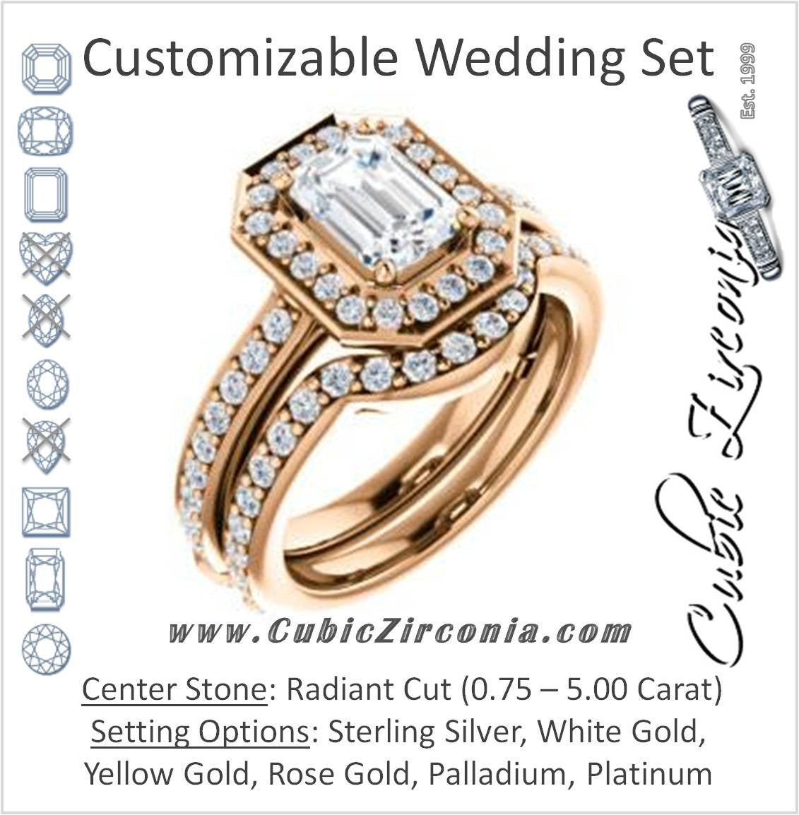 CZ Wedding Set, featuring The Sally engagement ring (Customizable Halo-Radiant Cut Design with Round Side Knuckle and Pavé Band Accents)