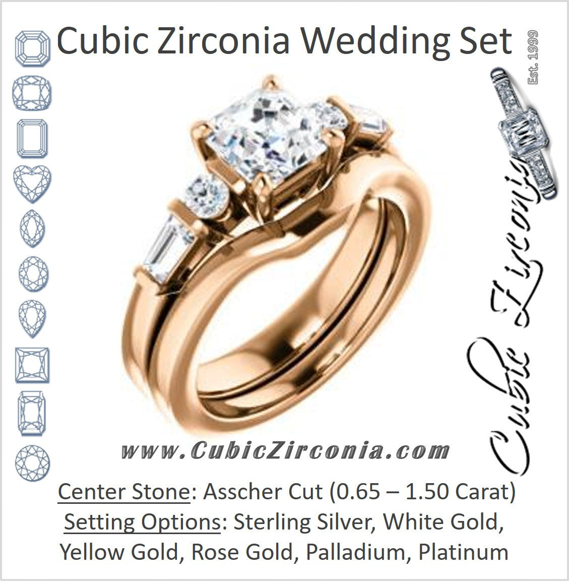 CZ Wedding Set, featuring The Sarah engagement ring (Customizable 5-stone Design with Asscher Cut Center and Baguette/Round Bar-set Accents)