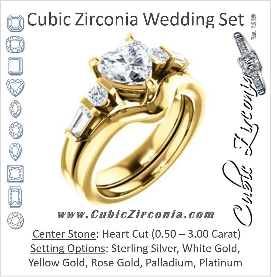 CZ Wedding Set, featuring The Sarah engagement ring (Customizable 5-stone Design with Heart Cut Center and Baguette/Round Bar-set Accents)