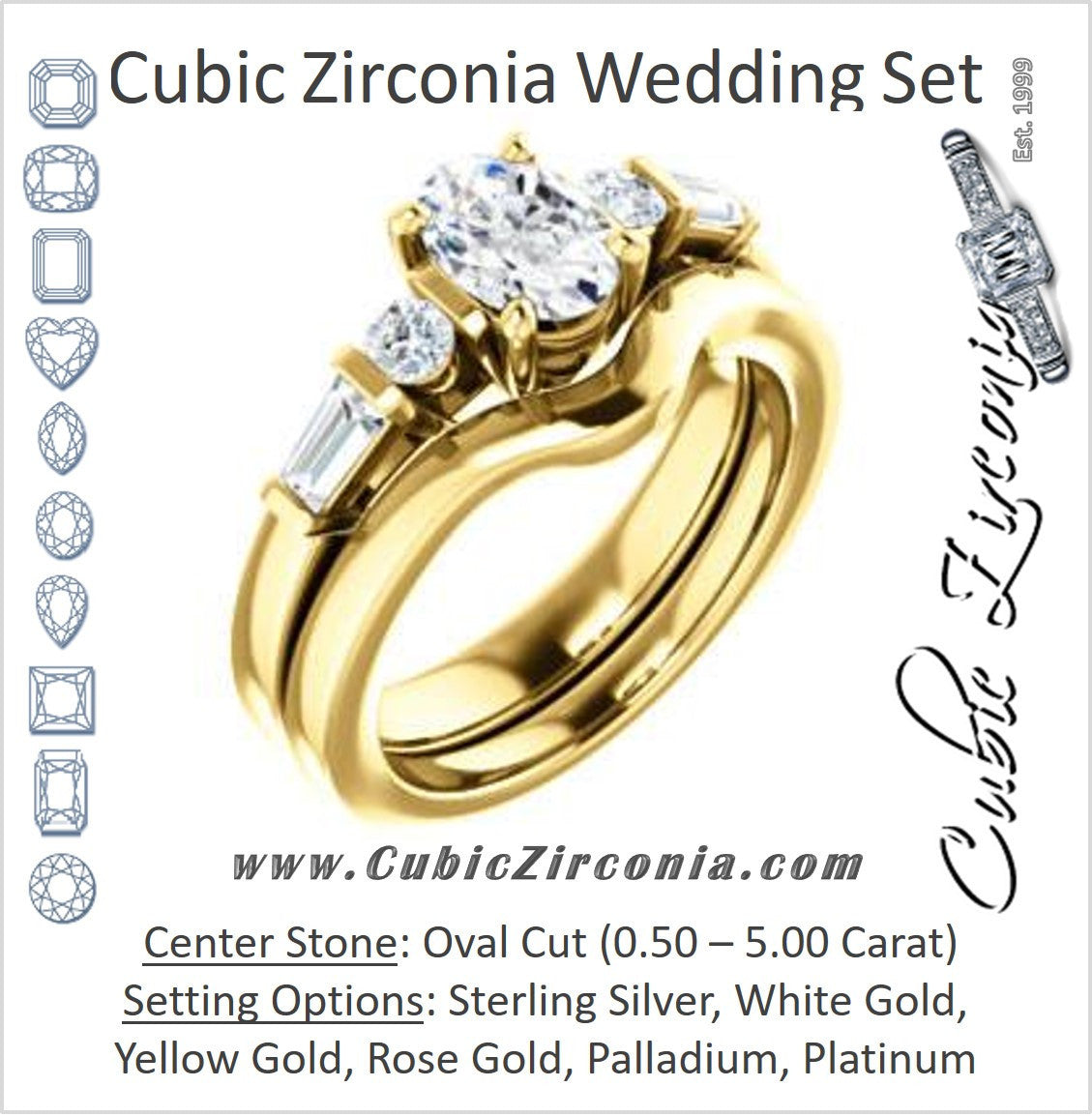 CZ Wedding Set, featuring The Sarah engagement ring (Customizable 5-stone Design with Oval Cut Center and Baguette/Round Bar-set Accents)
