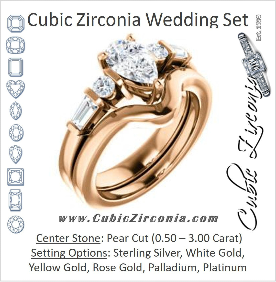 CZ Wedding Set, featuring The Sarah engagement ring (Customizable 5-stone Design with Pear Cut Center and Baguette/Round Bar-set Accents)