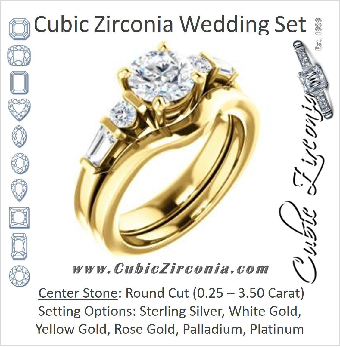 CZ Wedding Set, featuring The Sarah engagement ring (Customizable 5-stone Design with Round Cut Center and Baguette/Round Bar-set Accents)