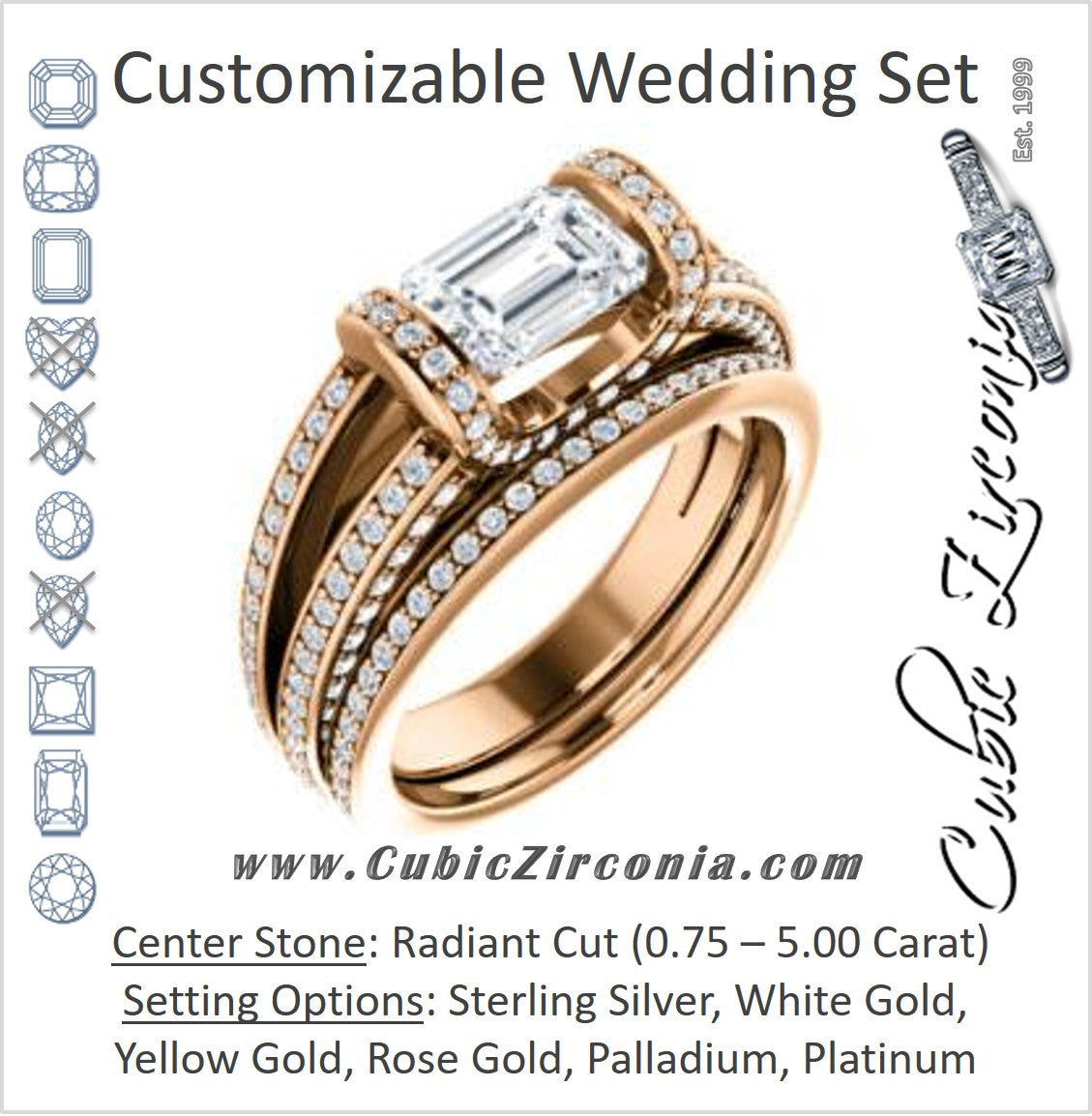 CZ Wedding Set, featuring The Scarlett engagement ring (Radiant Cut with Prong-Accented Bar Basket and Split Pavé Band)
