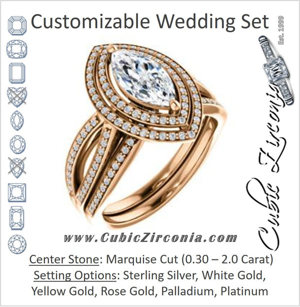Cubic Zirconia Engagement Ring- The Shannan (Customizable Cathedral-set Marquise Cut 2x Halo with Split-Pavé Band)