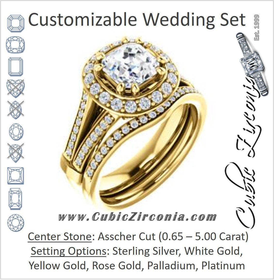 CZ Wedding Set, featuring The Shaundra engagement ring (Customizable Asscher Cut with Halo, Cathedral Prong Accents & Split-Pavé Band)