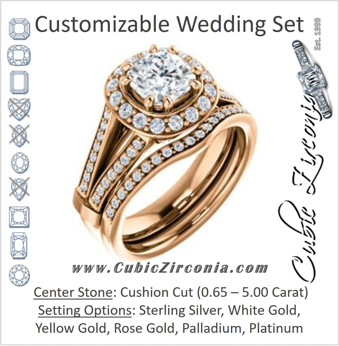 CZ Wedding Set, featuring The Shaundra engagement ring (Customizable Cushion Cut with Halo, Cathedral Prong Accents & Split-Pavé Band)