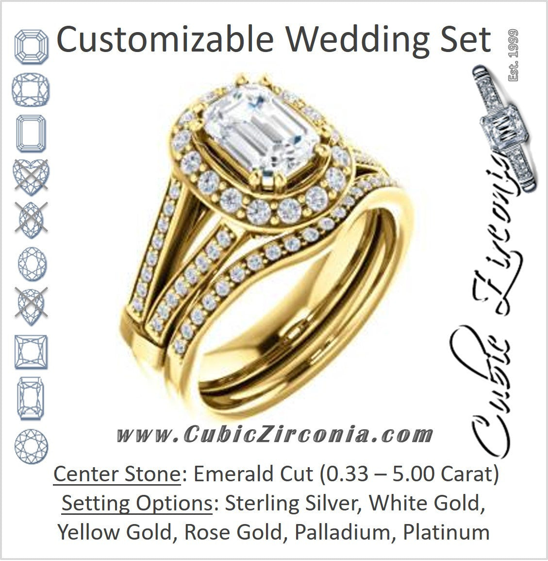 CZ Wedding Set, featuring The Shaundra engagement ring (Customizable Emerald Cut with Halo, Cathedral Prong Accents & Split-Pavé Band)