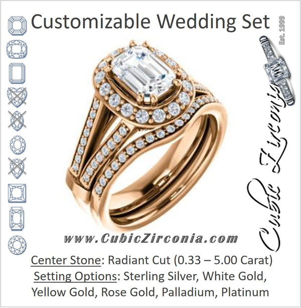 CZ Wedding Set, featuring The Shaundra engagement ring (Customizable Radiant Cut with Halo, Cathedral Prong Accents & Split-Pavé Band)