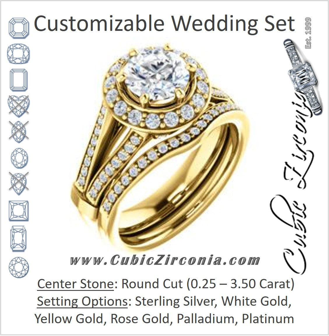 CZ Wedding Set, featuring The Shaundra engagement ring (Customizable Round Cut with Halo, Cathedral Prong Accents & Split-Pavé Band)