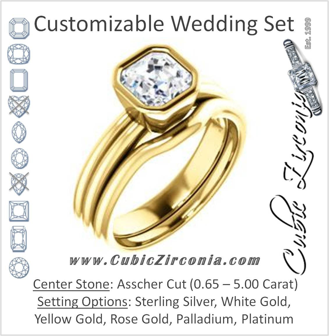 CZ Wedding Set, featuring The Stacie engagement ring (Customizable Bezel-set Asscher Cut Solitaire with Grooved Band)