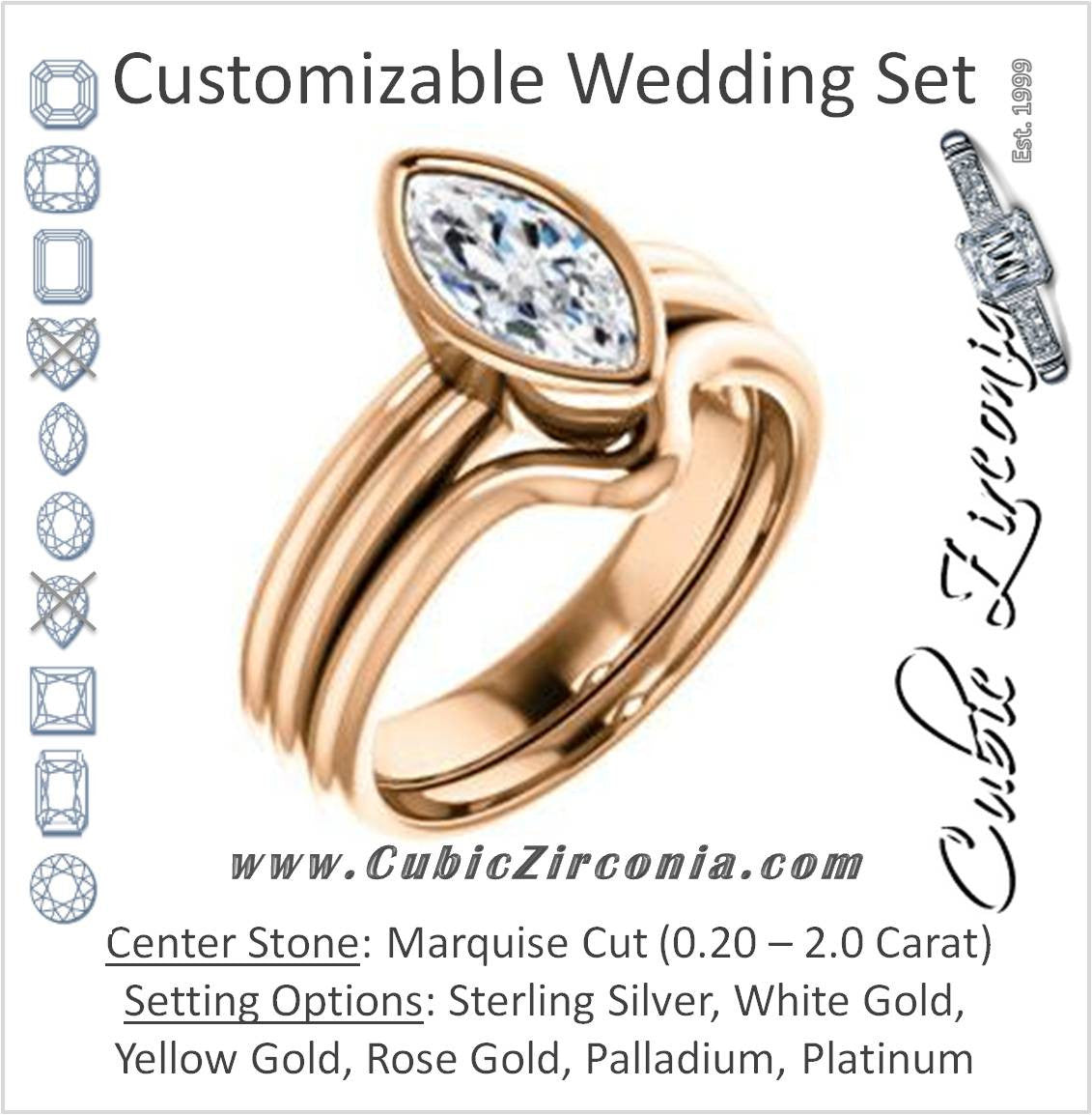 CZ Wedding Set, featuring The Stacie engagement ring (Customizable Bezel-set Marquise Cut Solitaire with Grooved Band)