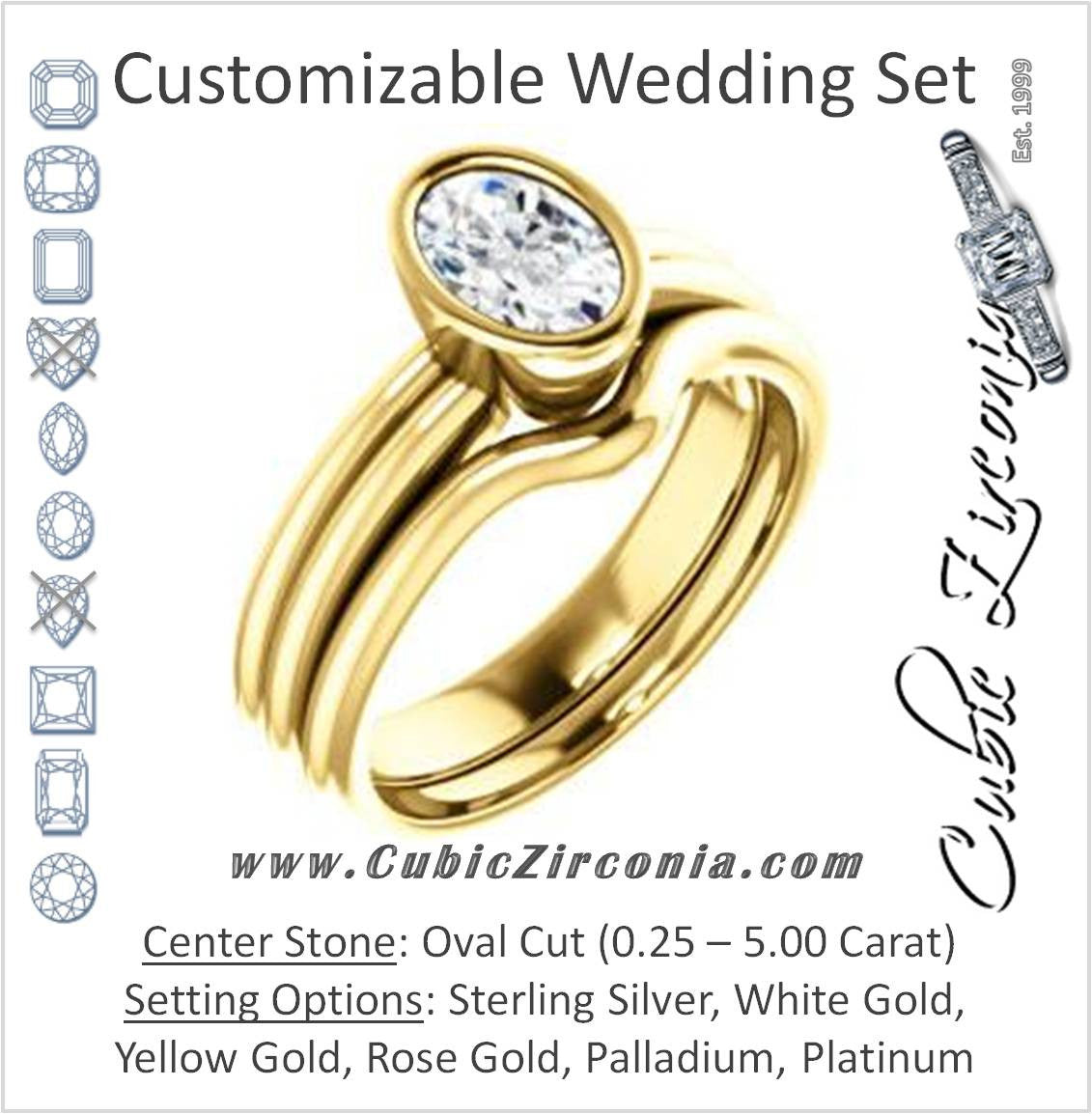 CZ Wedding Set, featuring The Stacie engagement ring (Customizable Bezel-set Oval Cut Solitaire with Grooved Band)