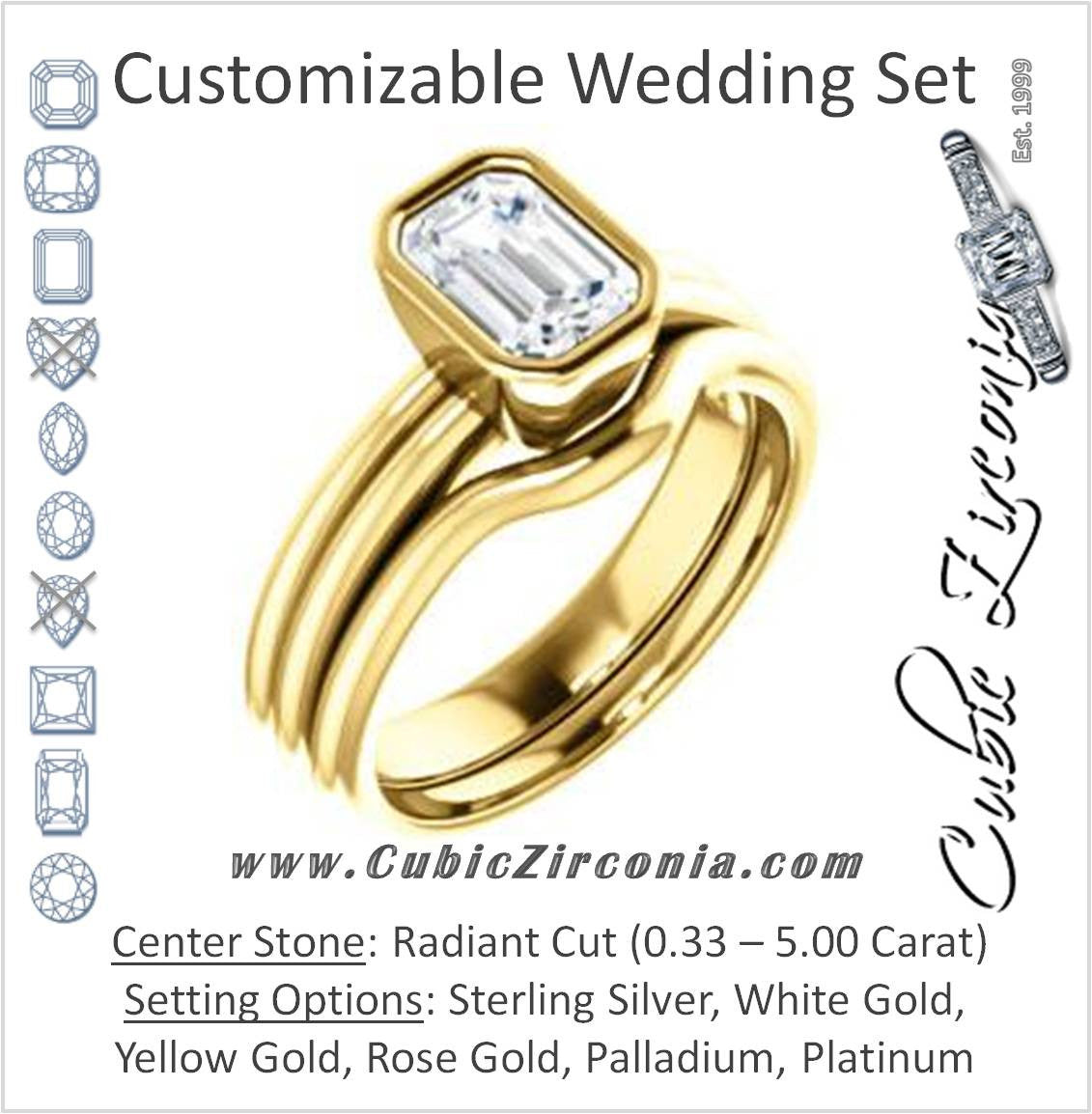 CZ Wedding Set, featuring The Stacie engagement ring (Customizable Bezel-set Radiant Cut Solitaire with Grooved Band)