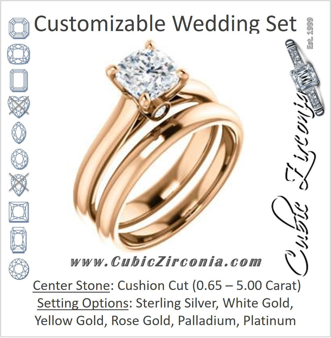 CZ Wedding Set, featuring The Tawanda engagement ring (Customizable Cushion Cut Cathedral Setting with Peekaboo Accents)