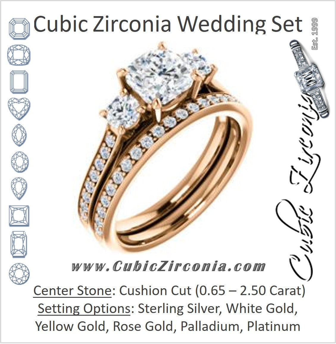 CZ Wedding Set, featuring The Tess engagement ring (Customizable Cushion Cut Trellis-Enhanced Bridge Setting with Semi-Pavé Band)
