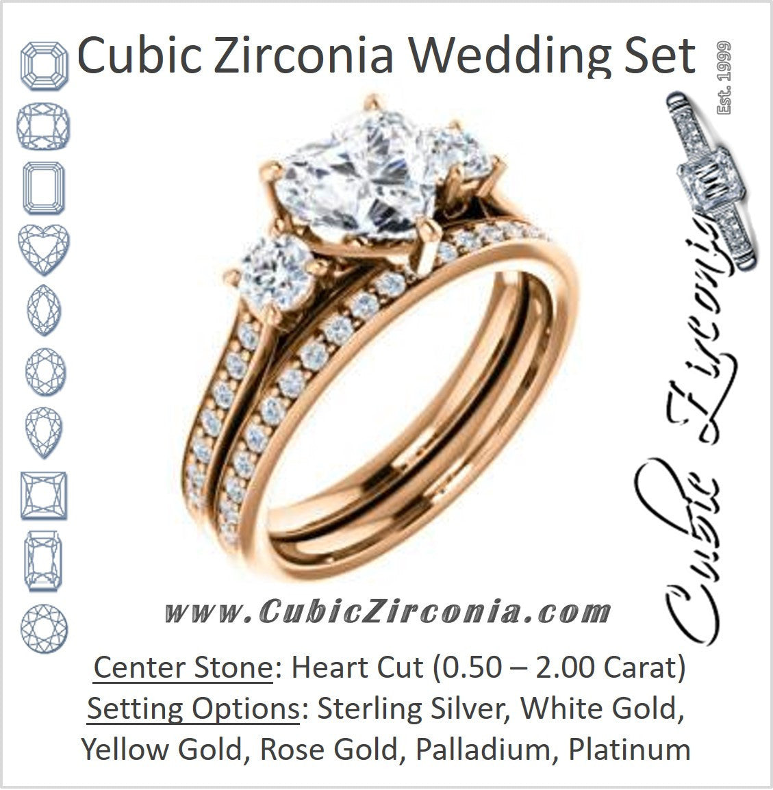 CZ Wedding Set, featuring The Tess engagement ring (Customizable Heart Cut Trellis-Enhanced Bridge Setting with Semi-Pavé Band)