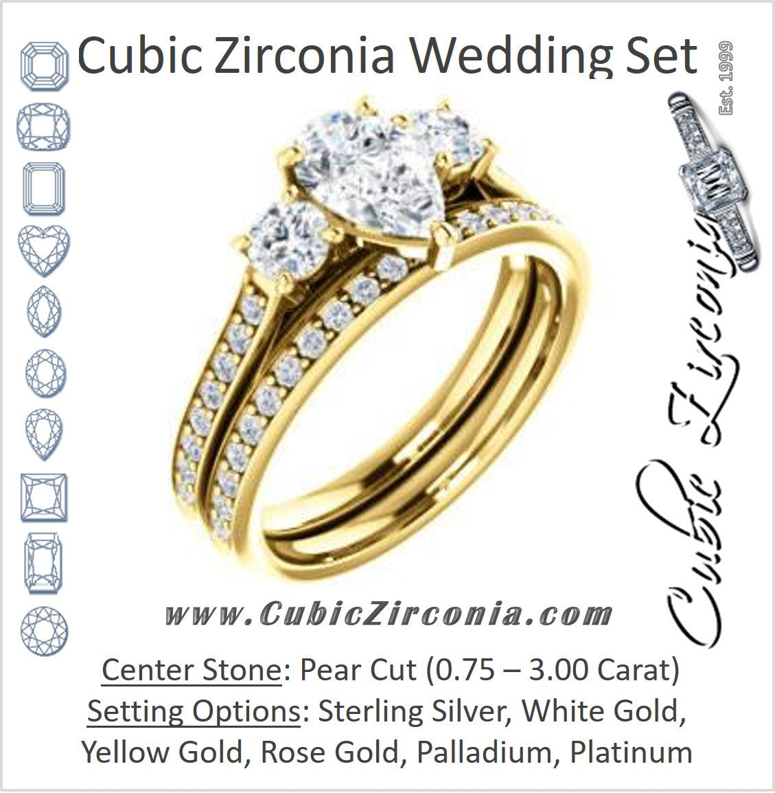 CZ Wedding Set, featuring The Tess engagement ring (Customizable Pear Cut Trellis-Enhanced Bridge Setting with Semi-Pavé Band)