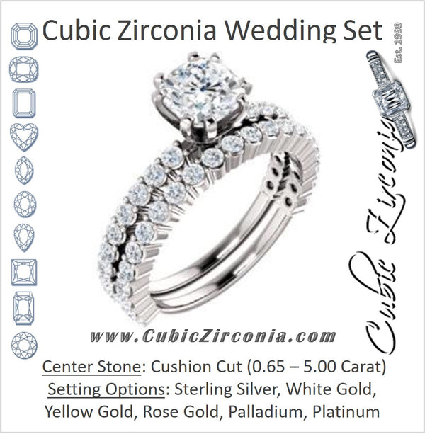 CZ Wedding Set, featuring The Thea engagement ring (Customizable 8-prong Cushion Cut Design with Thin, Stackable Pavé Band)