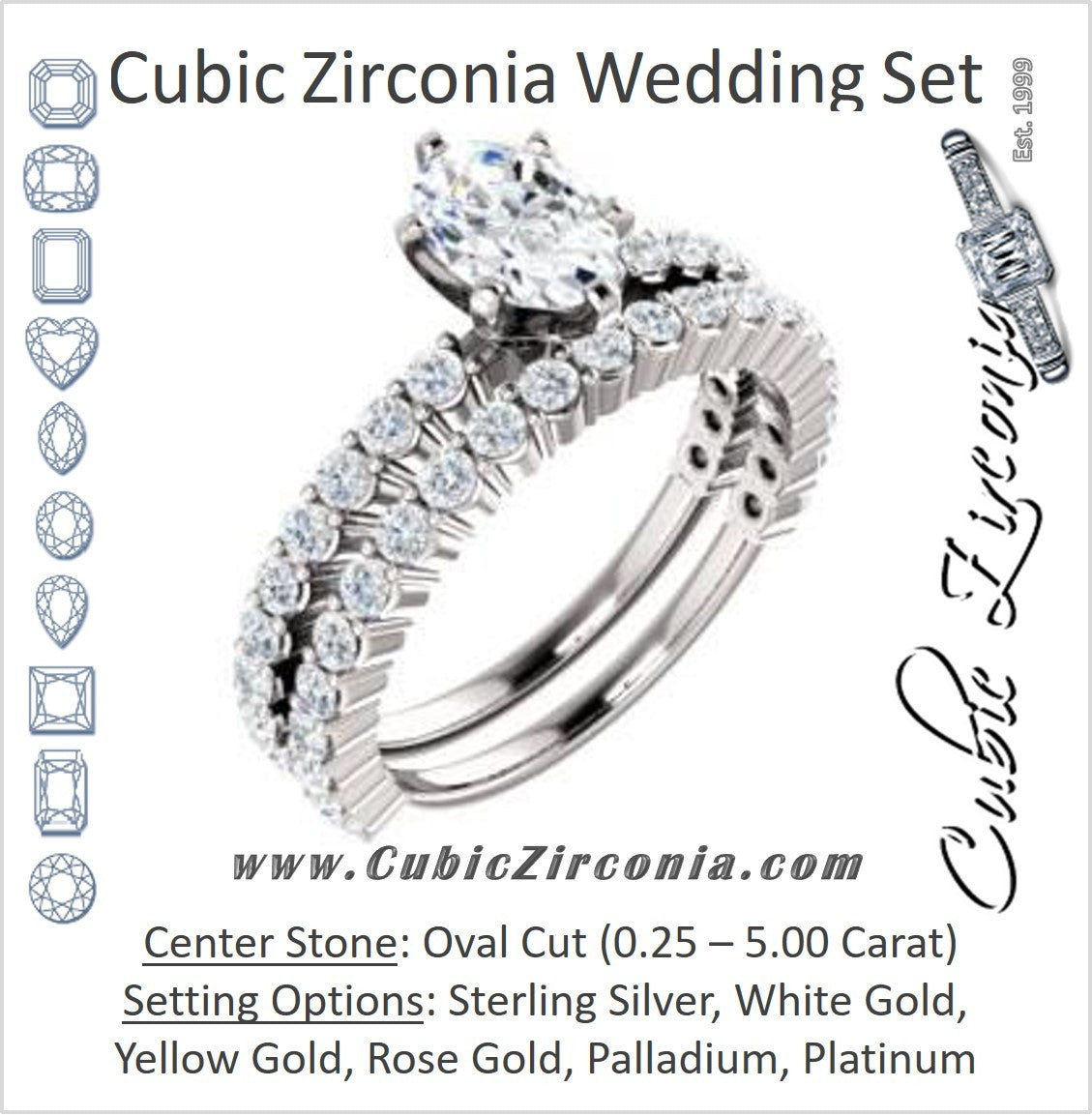 CZ Wedding Set, featuring The Thea engagement ring (Customizable 8-prong Oval Cut Design with Thin, Stackable Pavé Band)