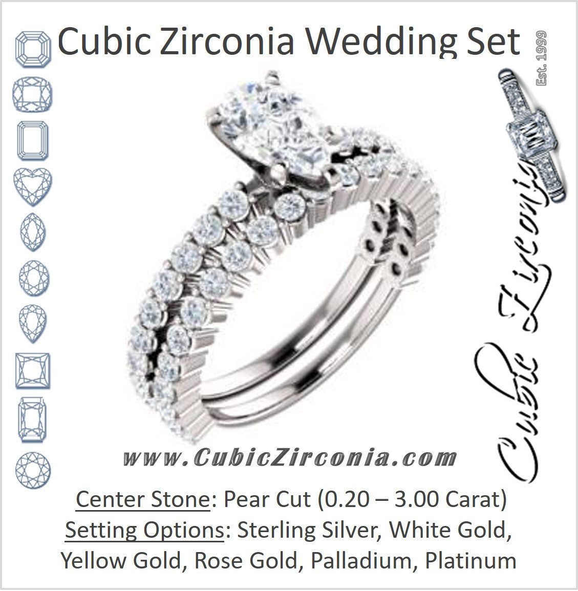 CZ Wedding Set, featuring The Thea engagement ring (Customizable 8-prong Pear Cut Design with Thin, Stackable Pavé Band)