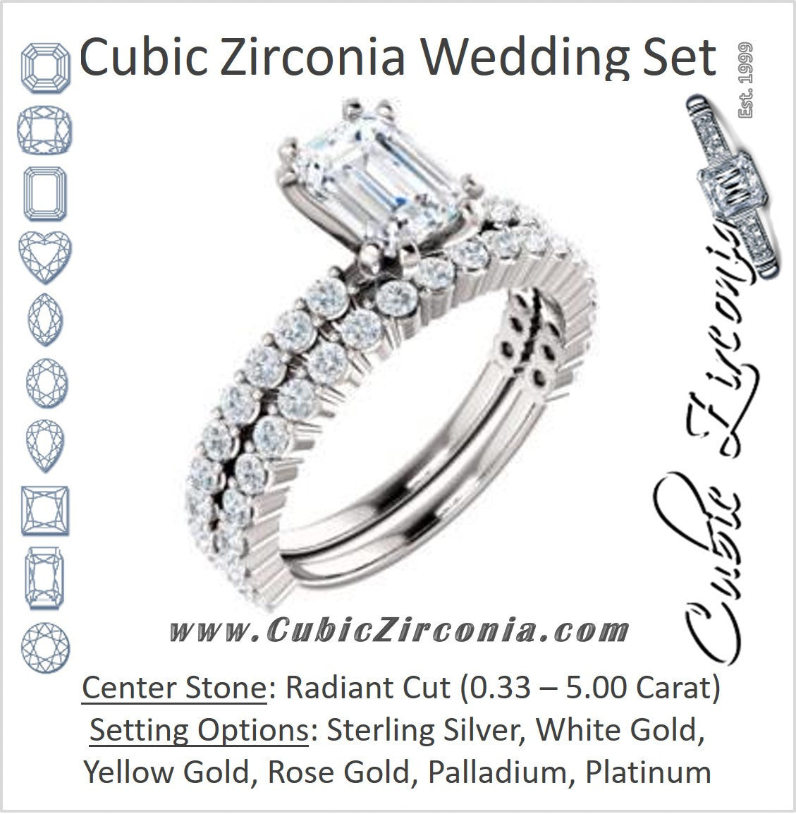CZ Wedding Set, featuring The Thea engagement ring (Customizable 8-prong Radiant Cut Design with Thin, Stackable Pavé Band)