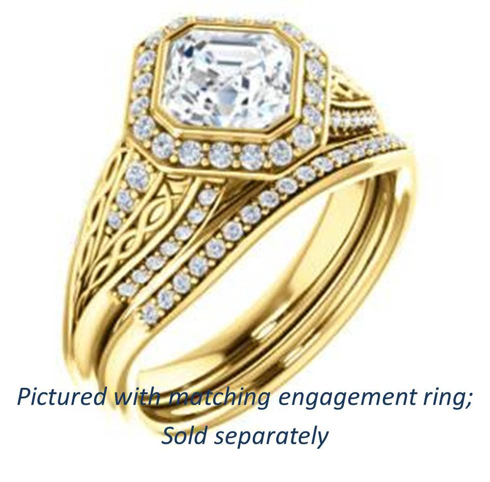 Cubic Zirconia Engagement Ring- The Tisha (Customizable Bezel-Halo Asscher Cut Design with Wide Filigree & Accent Band)
