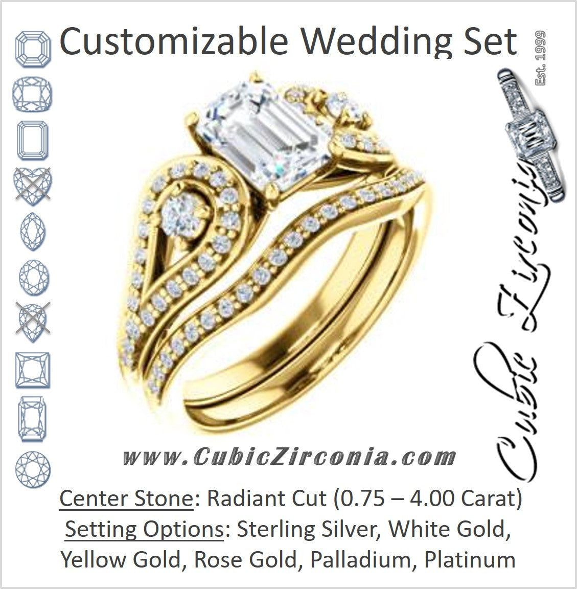 CZ Wedding Set, featuring The Tonya Laverne engagement ring (Customizable Radiant Cut Design with Winged Split-Pavé Band)