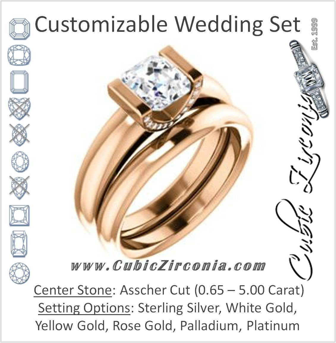 CZ Wedding Set, featuring The Tory engagement ring (Customizable Cathedral-style Bar-set Asscher Cut Ring with Prong Accents)