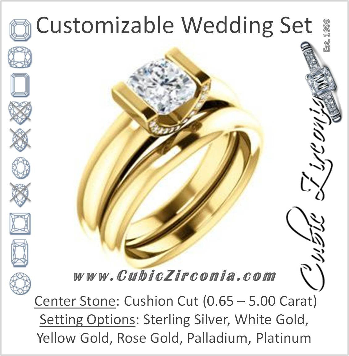 CZ Wedding Set, featuring The Tory engagement ring (Customizable Cathedral-style Bar-set Cushion Cut Ring with Prong Accents)