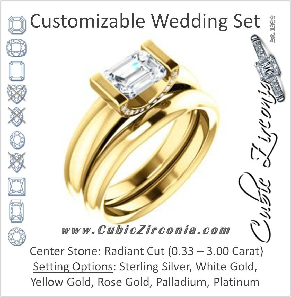 CZ Wedding Set, featuring The Tory engagement ring (Customizable Cathedral-style Bar-set Radiant Cut Ring with Prong Accents)