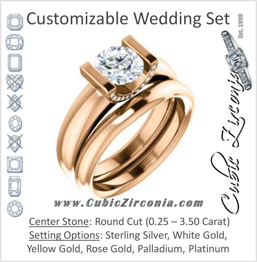 CZ Wedding Set, featuring The Tory engagement ring (Customizable Cathedral-style Bar-set Round Cut Ring with Prong Accents)