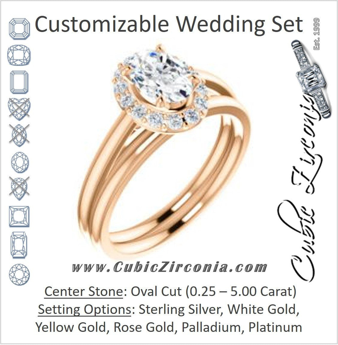 CZ Wedding Set, featuring The Tyra engagement ring (Customizable Cathedral-set Oval Cut Style with Halo, Decorative Trellis and Thin Band)