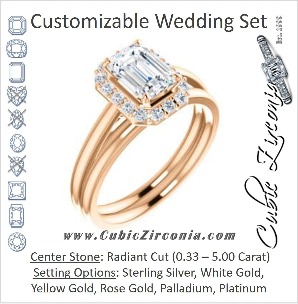 CZ Wedding Set, featuring The Tyra engagement ring (Customizable Cathedral-set Radiant Cut Style with Halo, Decorative Trellis and Thin Band)