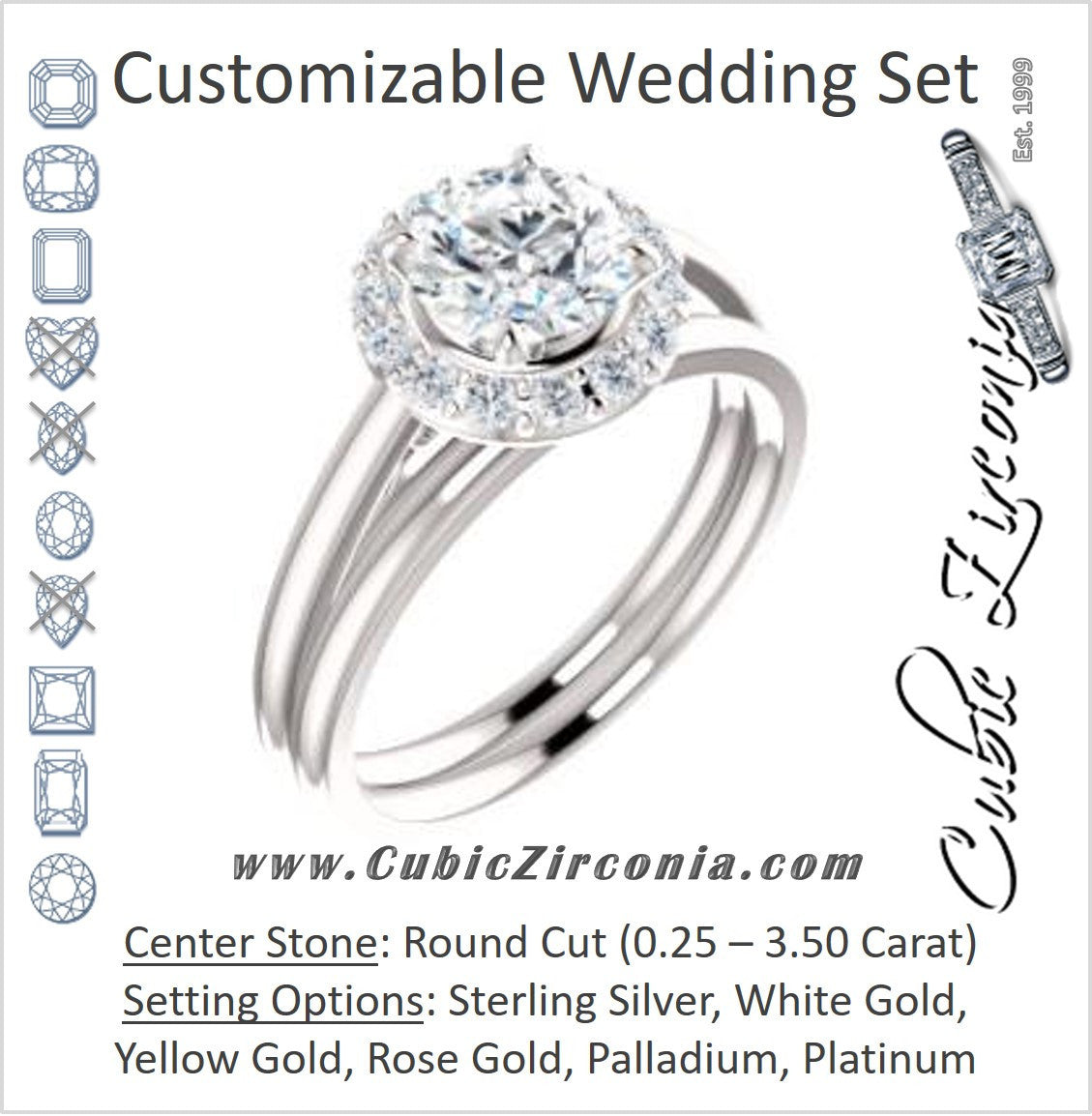 CZ Wedding Set, featuring The Tyra engagement ring (Customizable Cathedral-set Round Cut Style with Halo, Decorative Trellis and Thin Band)