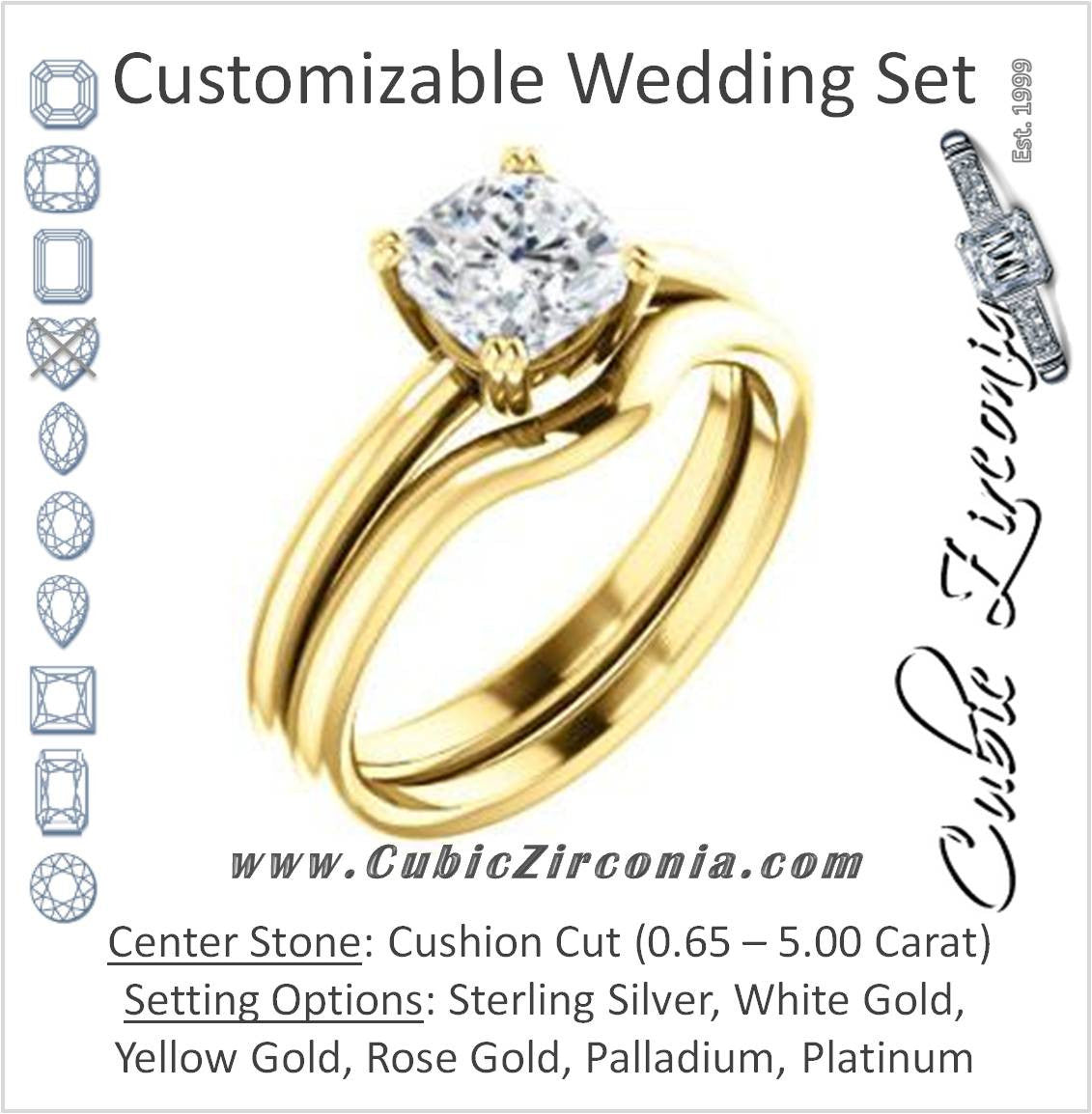 CZ Wedding Set, featuring The Venusia engagement ring (Customizable Cushion Cut Solitaire with Thin Band)