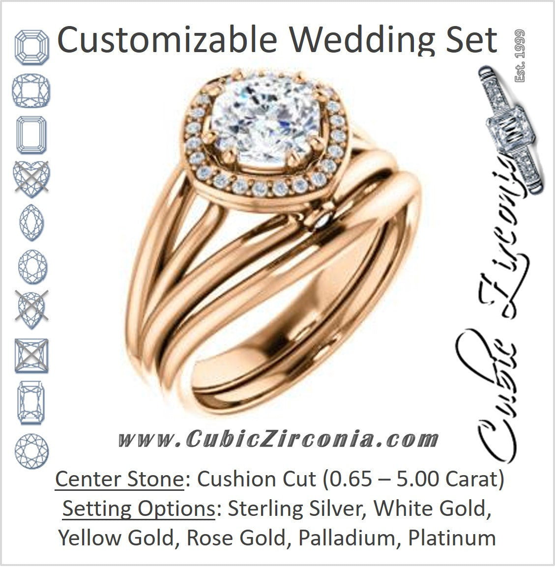 CZ Wedding Set, featuring The Wanda Lea engagement ring (Customizable Cushion Cut Halo-style with Ultrawide Tri-split Band & Peekaboo Accents)