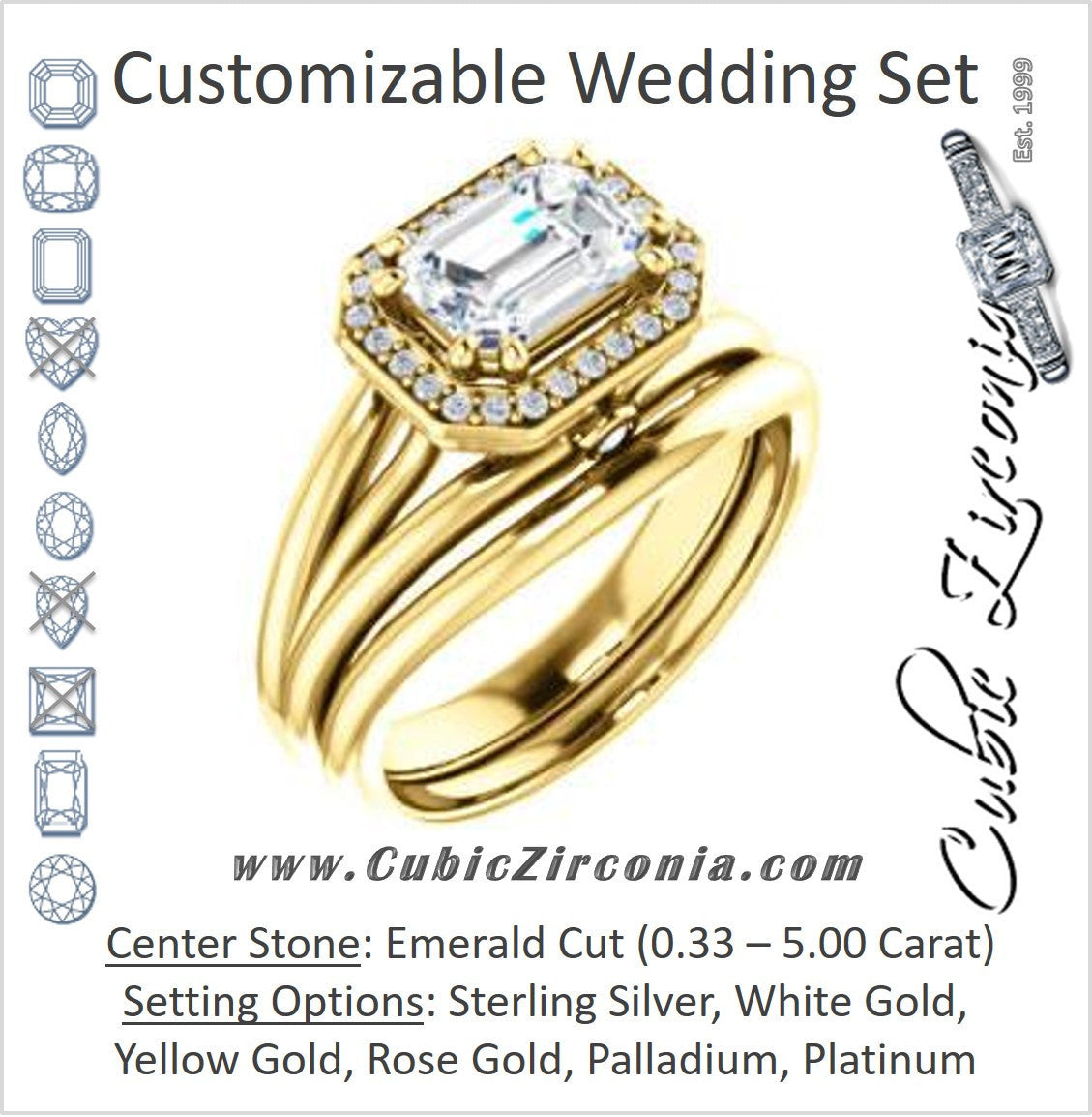 CZ Wedding Set, featuring The Wanda Lea engagement ring (Customizable Emerald Cut Halo-style with Ultrawide Tri-split Band & Peekaboo Accents)