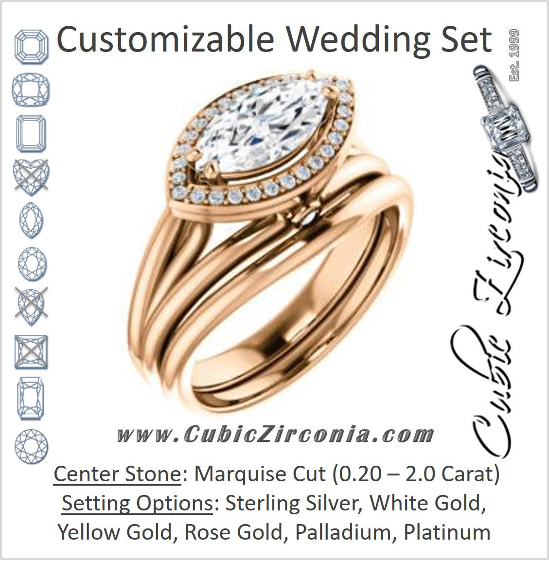 CZ Wedding Set, featuring The Wanda Lea engagement ring (Customizable Marquise Cut Halo-style with Ultrawide Tri-split Band & Peekaboo Accents)