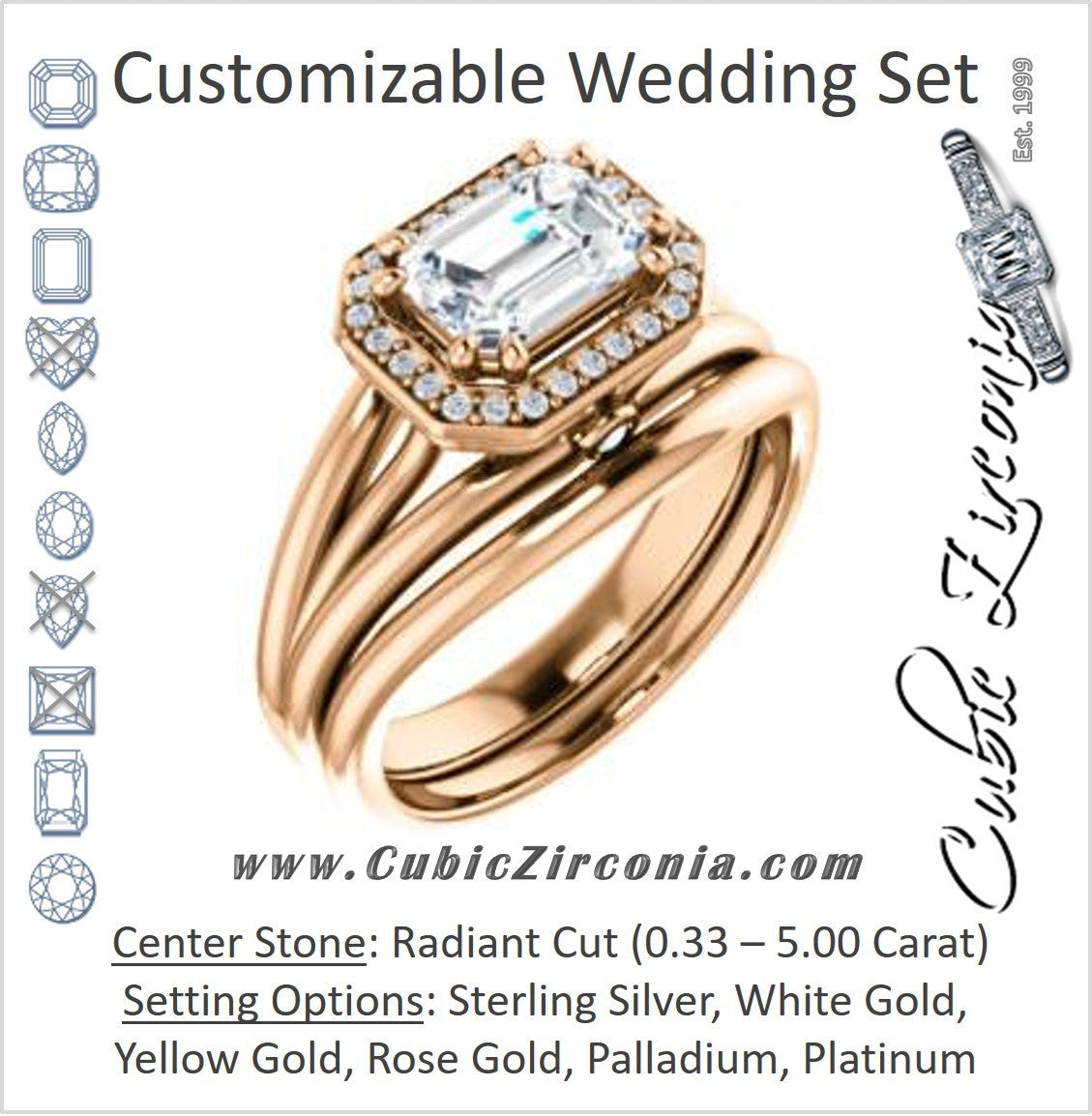 CZ Wedding Set, featuring The Wanda Lea engagement ring (Customizable Radiant Cut Halo-style with Ultrawide Tri-split Band & Peekaboo Accents)