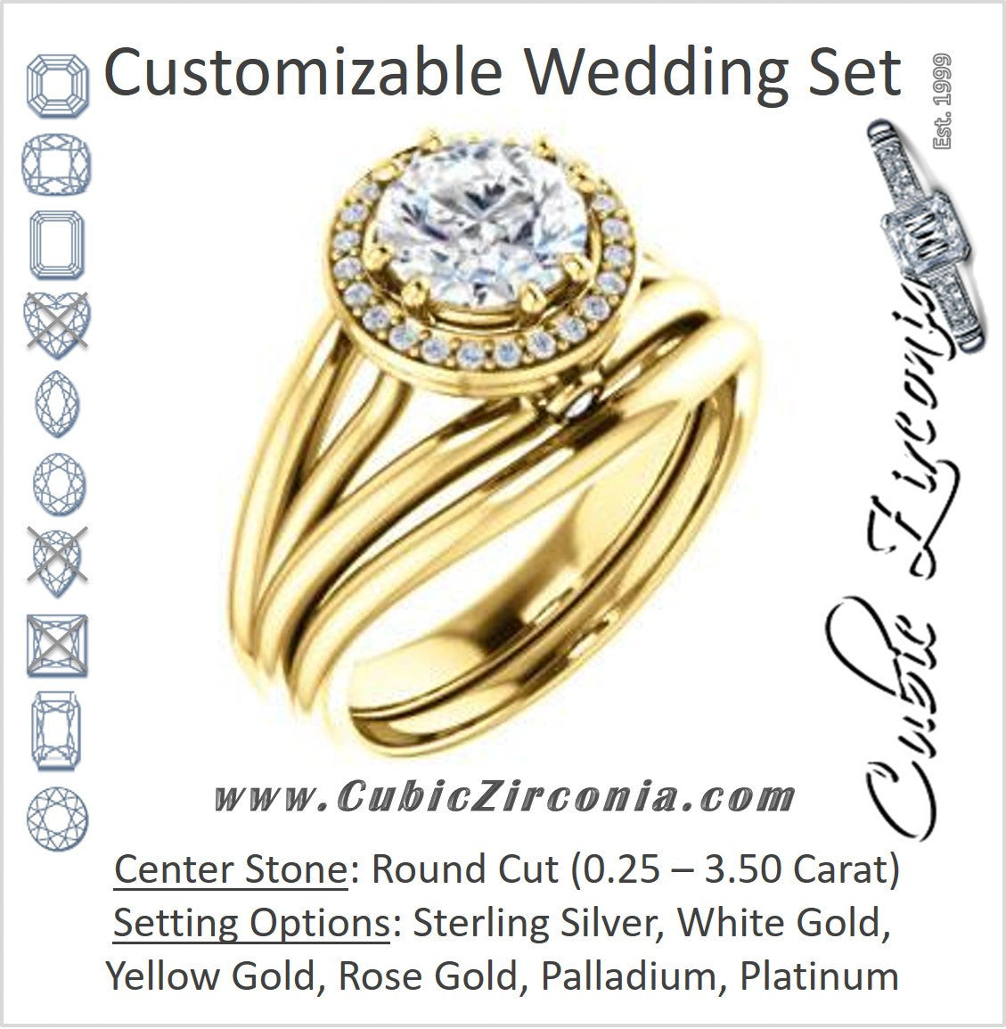CZ Wedding Set, featuring The Wanda Lea engagement ring (Customizable Round Cut Halo-style with Ultrawide Tri-split Band & Peekaboo Accents)