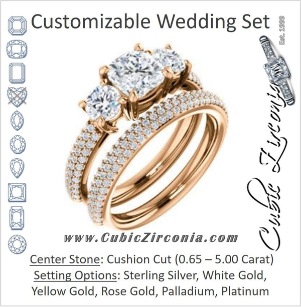 CZ Wedding Set, featuring The Zuleyma engagement ring (Customizable Enhanced 3-stone Cushion Cut Design with Triple Pavé Band)