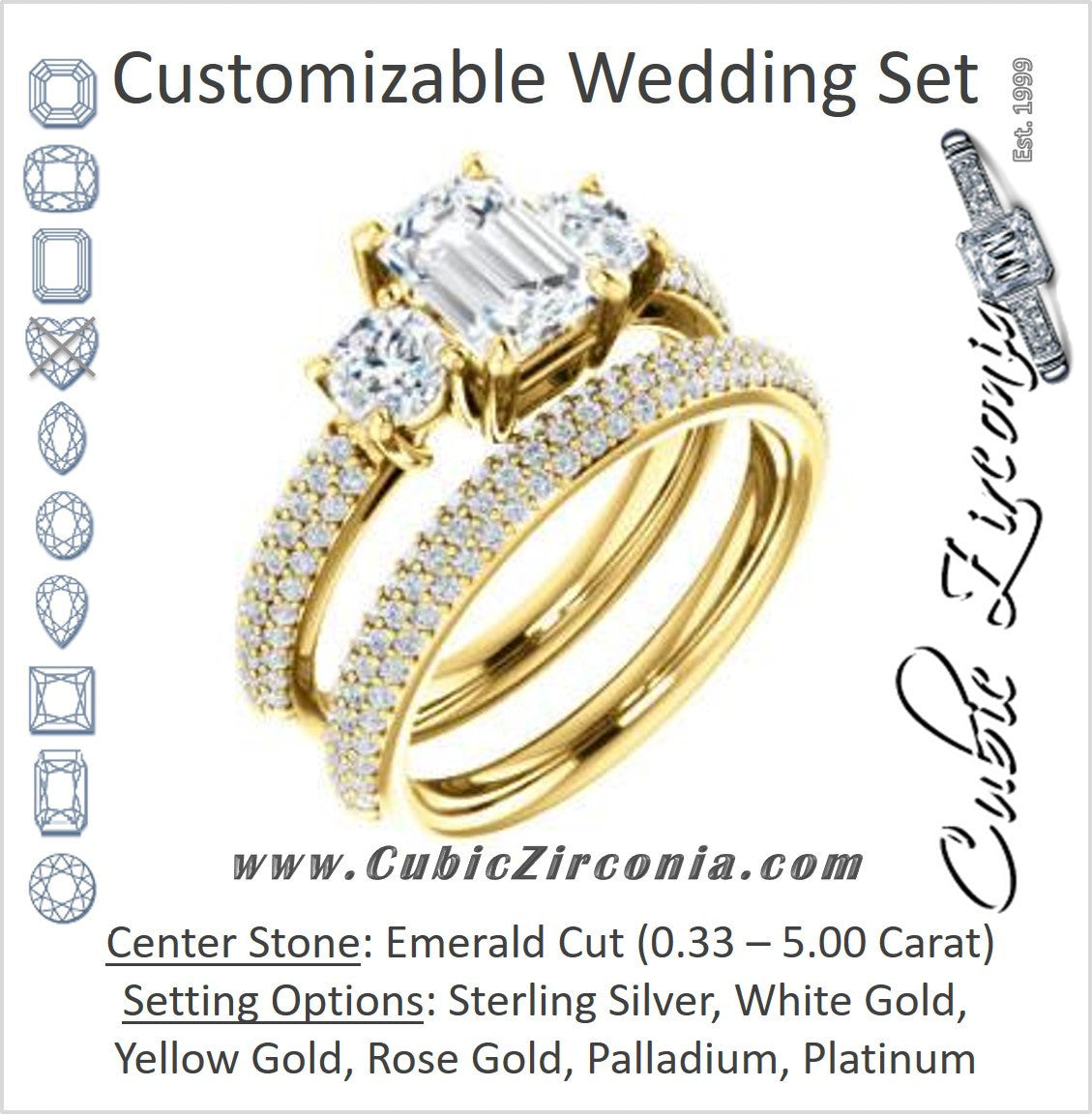 CZ Wedding Set, featuring The Zuleyma engagement ring (Customizable Enhanced 3-stone Emerald Cut Design with Triple Pavé Band)
