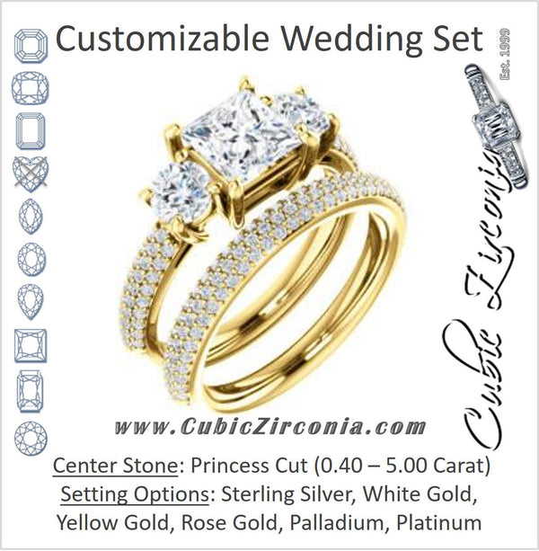 CZ Wedding Set, featuring The Zuleyma engagement ring (Customizable Enhanced 3-stone Princess Cut Design with Triple Pavé Band)