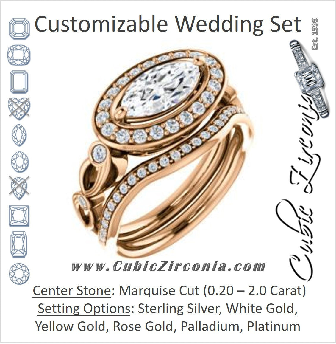 CZ Wedding Set, featuring The Madison engagement ring (Customizable Marquise Cut Design with Halo and Bezel-Accented Infinity-inspired Split Band)
