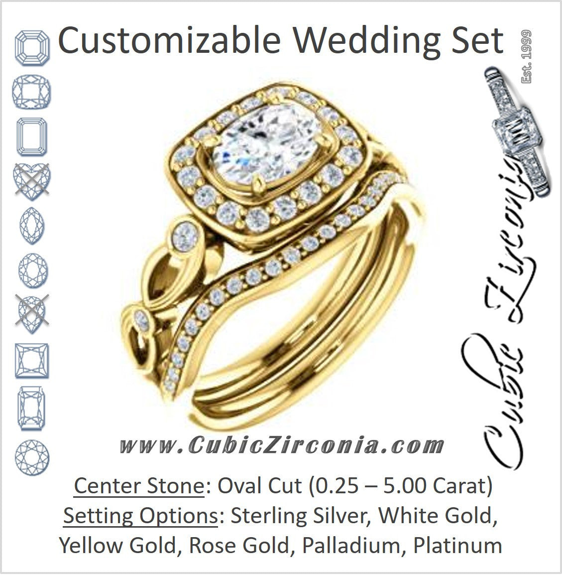 CZ Wedding Set, featuring The Madison engagement ring (Customizable Oval Cut Design with Halo and Bezel-Accented Infinity-inspired Split Band)