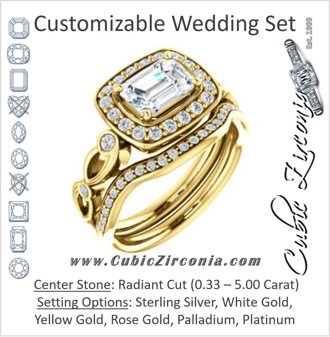 CZ Wedding Set, featuring The Madison engagement ring (Customizable Radiant Cut Design with Halo and Bezel-Accented Infinity-inspired Split Band)