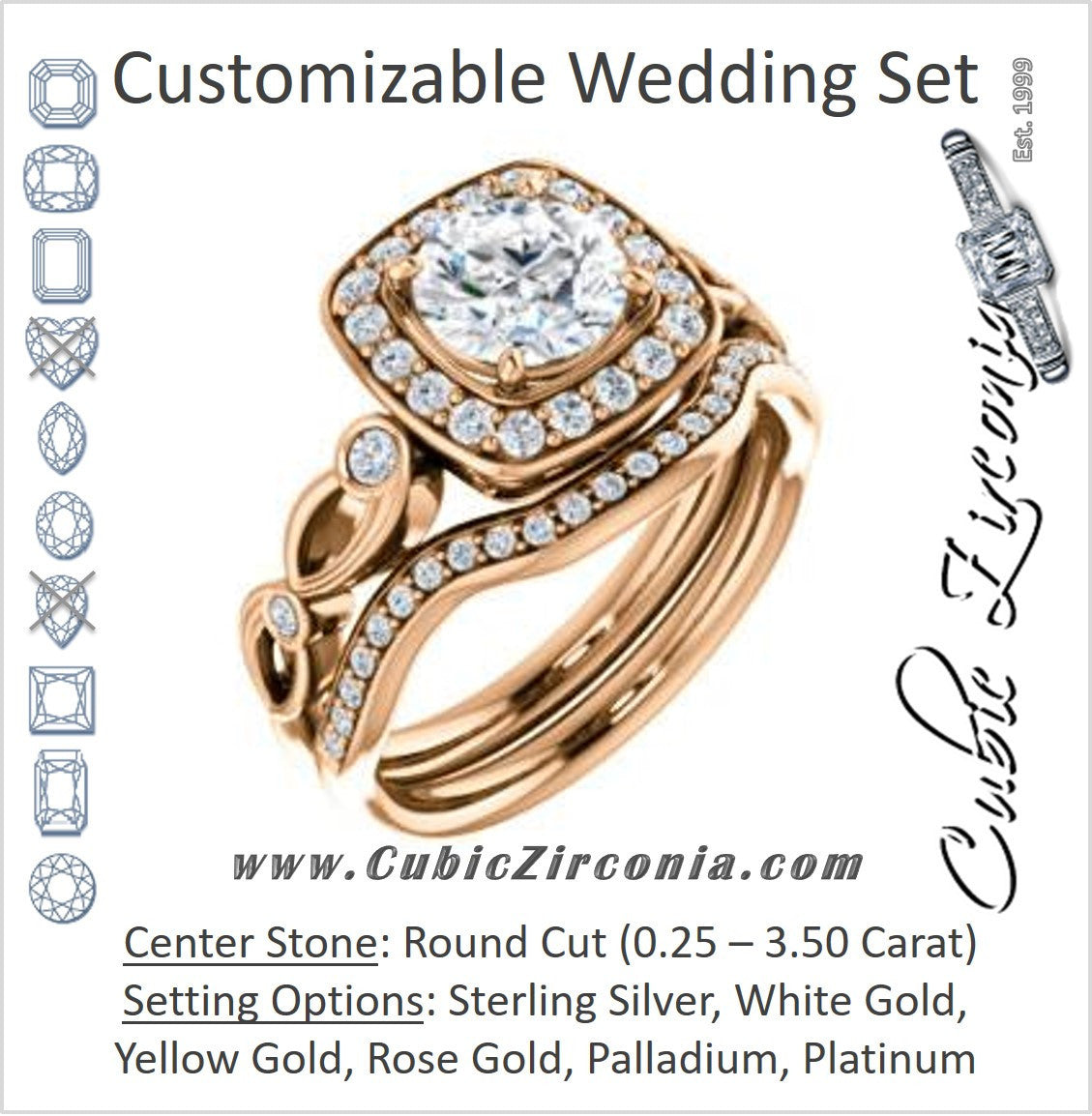 CZ Wedding Set, featuring The Madison engagement ring (Customizable Round Cut Design with Halo and Bezel-Accented Infinity-inspired Split Band)