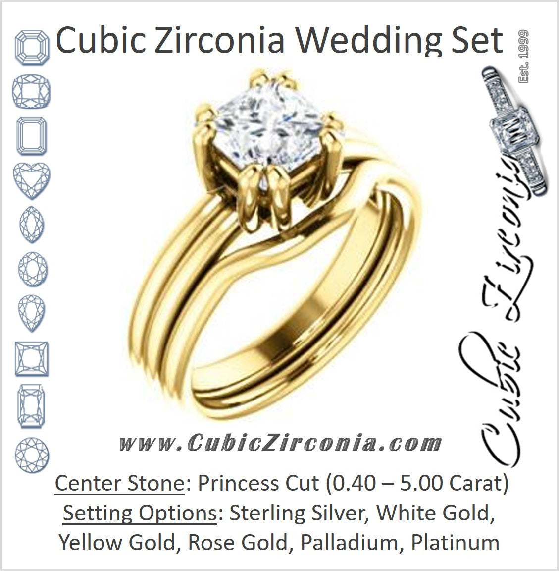 CZ Wedding Set, featuring The Marnie engagement ring (Customizable Princess Cut Solitaire with Grooved Band)