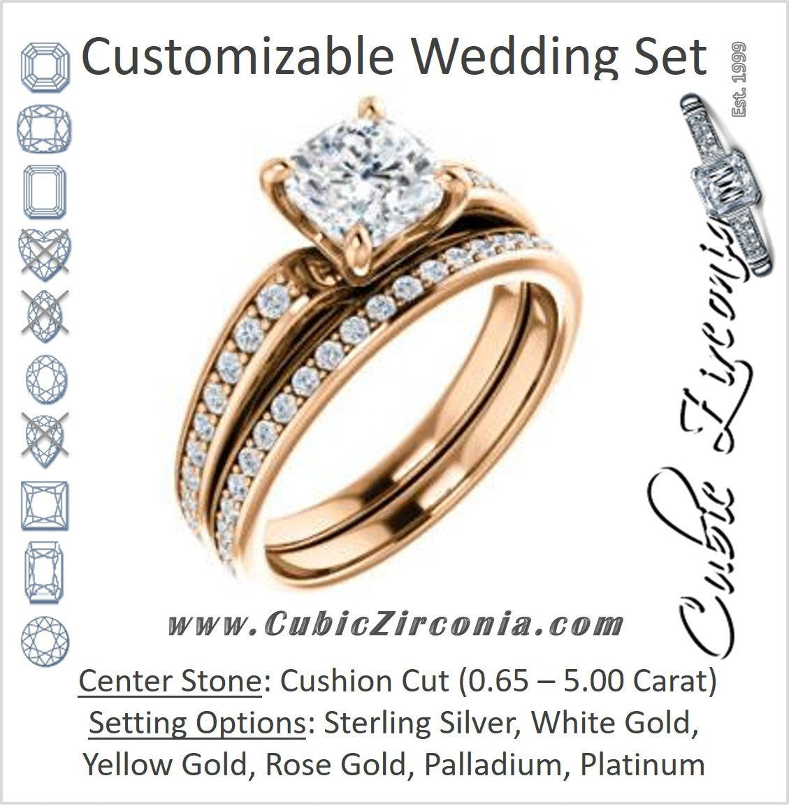 CZ Wedding Set, featuring The Sashalle engagement ring (Customizable Cathedral-Raised Cushion Cut Design with Tapered Pavé Band)