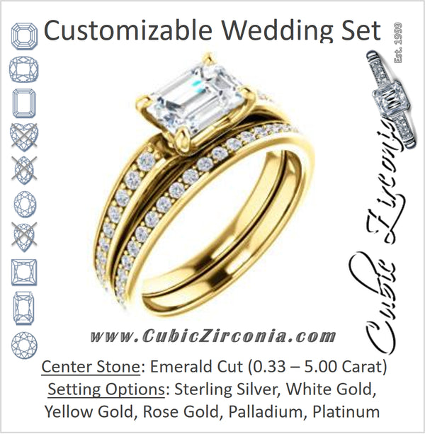 CZ Wedding Set, featuring The Sashalle engagement ring (Customizable Cathedral-Raised Emerald Cut Design with Tapered Pavé Band)